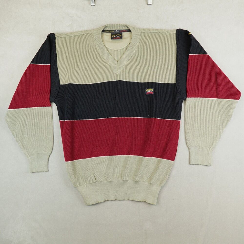 Vintage Paul & Shark Sweater Mens XL Wool Blend Knit Striped V Neck